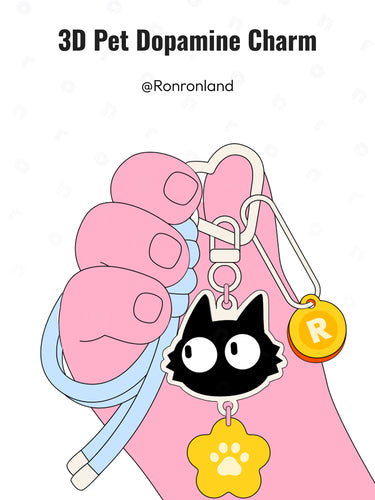 Promotional illustration for Ronronland featuring the "3D Pet Dopamine Charm," showing a pink hand holding a keychain with a black cat charm, a yellow star pendant, a round "R" tag, and blue braided cords.