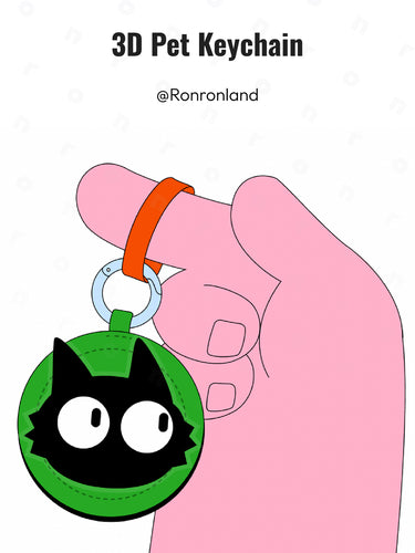 Promotional illustration for Ronronland featuring the "3D Pet Keychain," showing a pink hand holding a green circular leather keychain featuring a black cat design with a red strap ring.