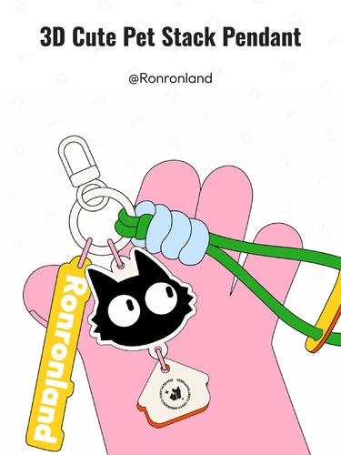 Promotional illustration for Ronronland featuring the "3D Cute Pet Stack Pendant," showing a pink hand holding a keychain with a black cat charm, a yellow brand tag, and green ropes.