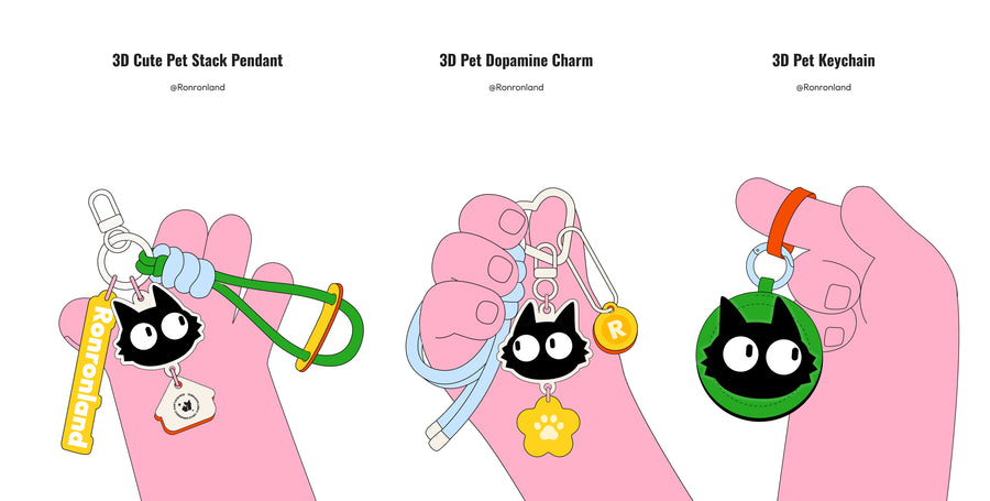 Ronronland web banner displaying three product categories side by side: "3D Cute Pet Stack Pendant", "3D Pet Dopamine Charm", and "3D Pet Keychain" held by illustrated pink hands.